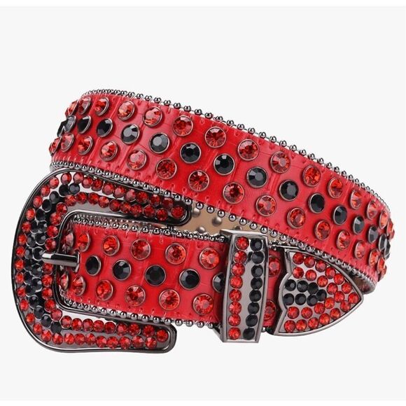 No Brand Accessories - Red Black Rhinestone Western Cowgirl Cowboy Leather Belt Diamond Studded XS 40”